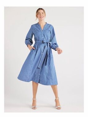 Great condition Free Assembly size L/12 Blue Striped Midi Dress. Missing sash.